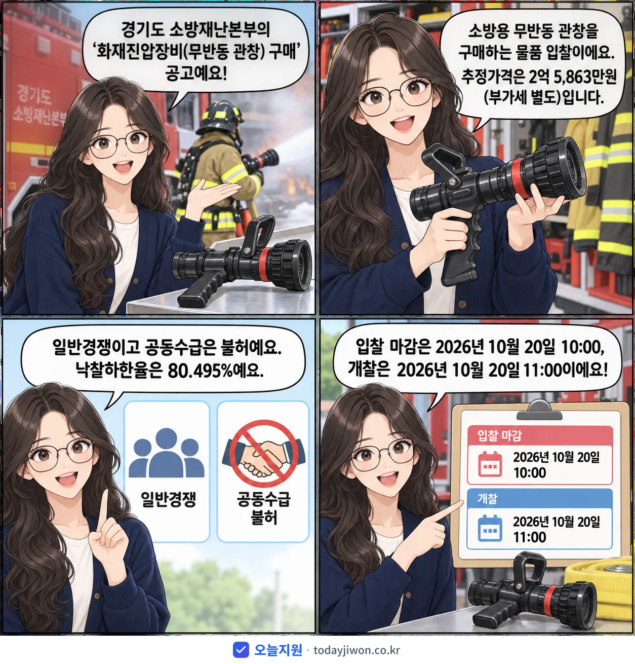 4컷 만화로 보는 공고: 경기도 소방재난본부 '화재진압장비(무반동 관창) 구매', 추정가격 2억 5,863만원, 입찰 마감 10/20 10:00