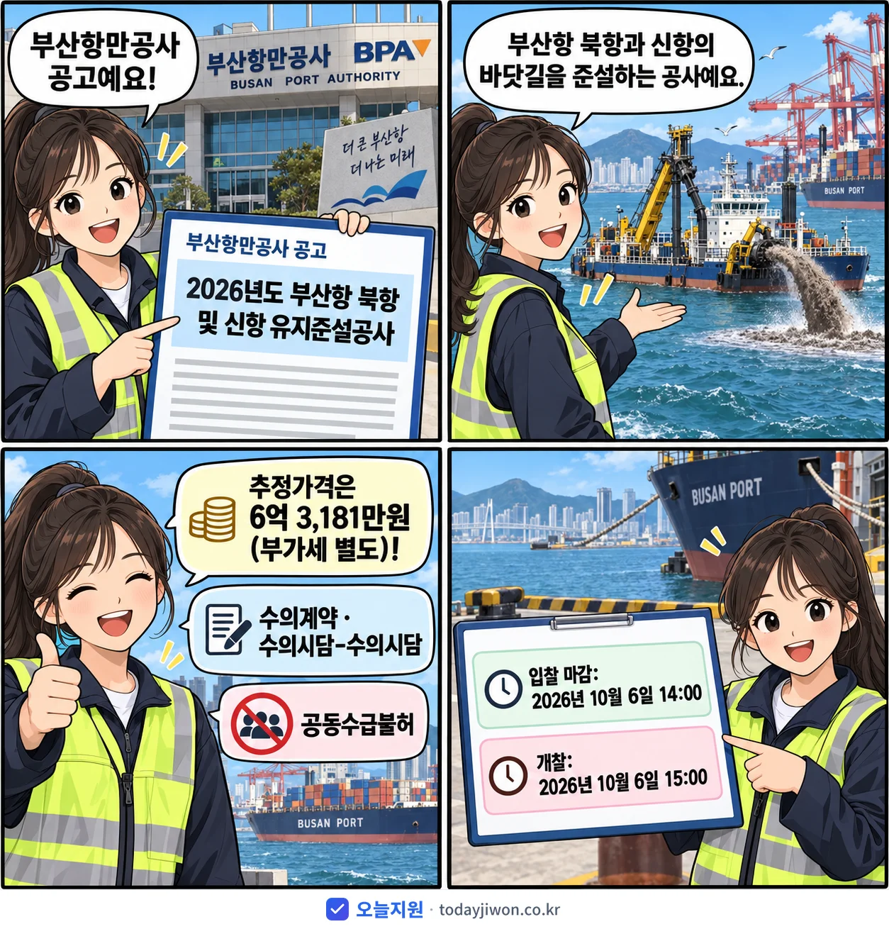 4컷 만화로 보는 공고: 부산항만공사 '부산항 북항 및 신항 유지준설공사', 추정가격 6억 3,181만원, 입찰 마감 10/6 14:00