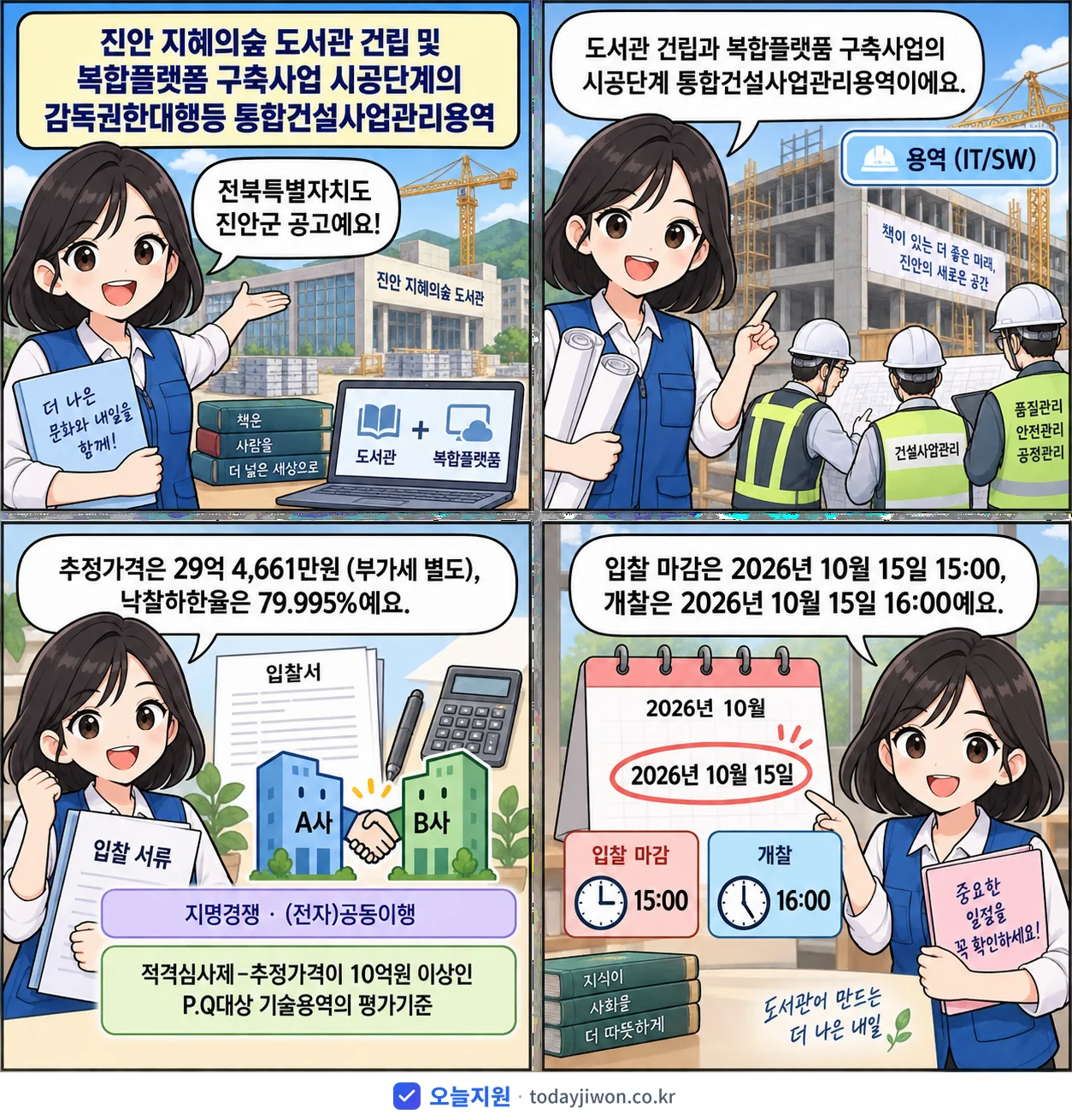 4컷 만화로 보는 공고: 전북특별자치도 진안군 '진안 지혜의숲 도서관 건립 및 복합플랫폼 구축사업 시공단계의 감독권한대…', 추정가격 29억 4,661만원, 입찰 마감 10/15 15:00