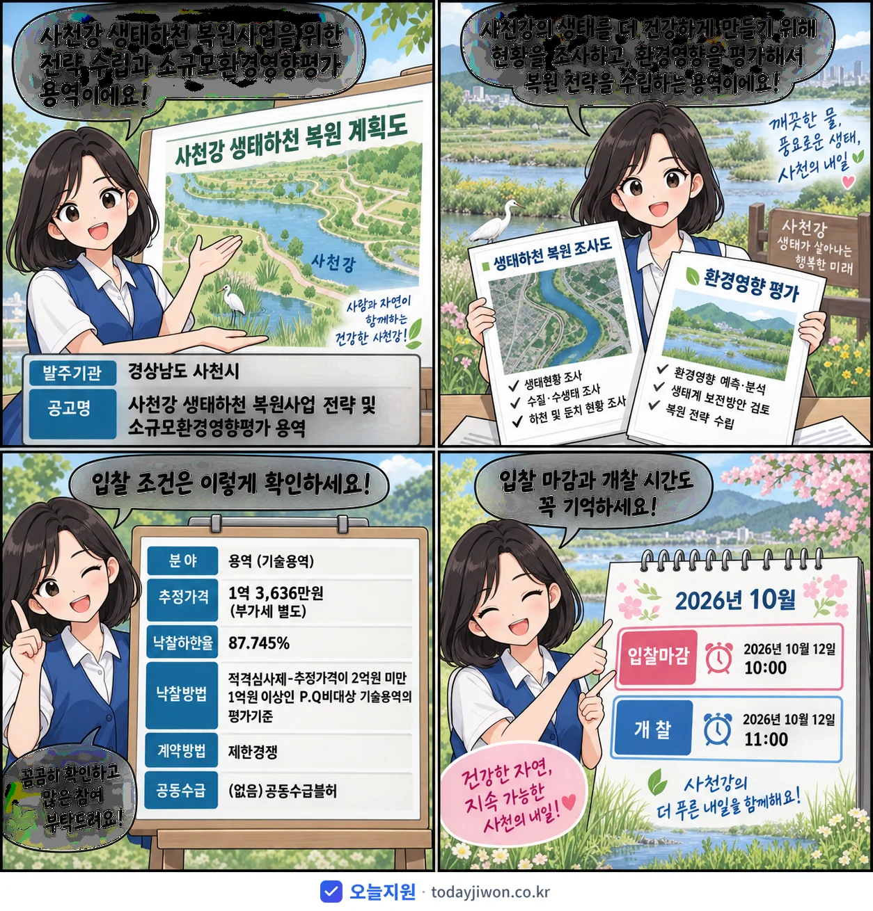 4컷 만화로 보는 공고: 경상남도 사천시 '사천강 생태하천 복원사업 전략 및 소규모환경영향평가 용역', 추정가격 1억 3,636만원, 입찰 마감 10/12 10:00