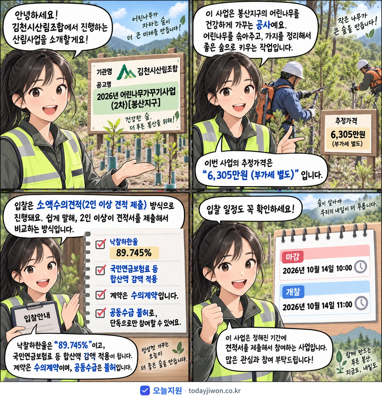 4컷 만화로 보는 공고: 김천시산림조합 '어린나무가꾸기사업(2차)', 추정가격 6,305만원, 입찰 마감 10/14 10:00