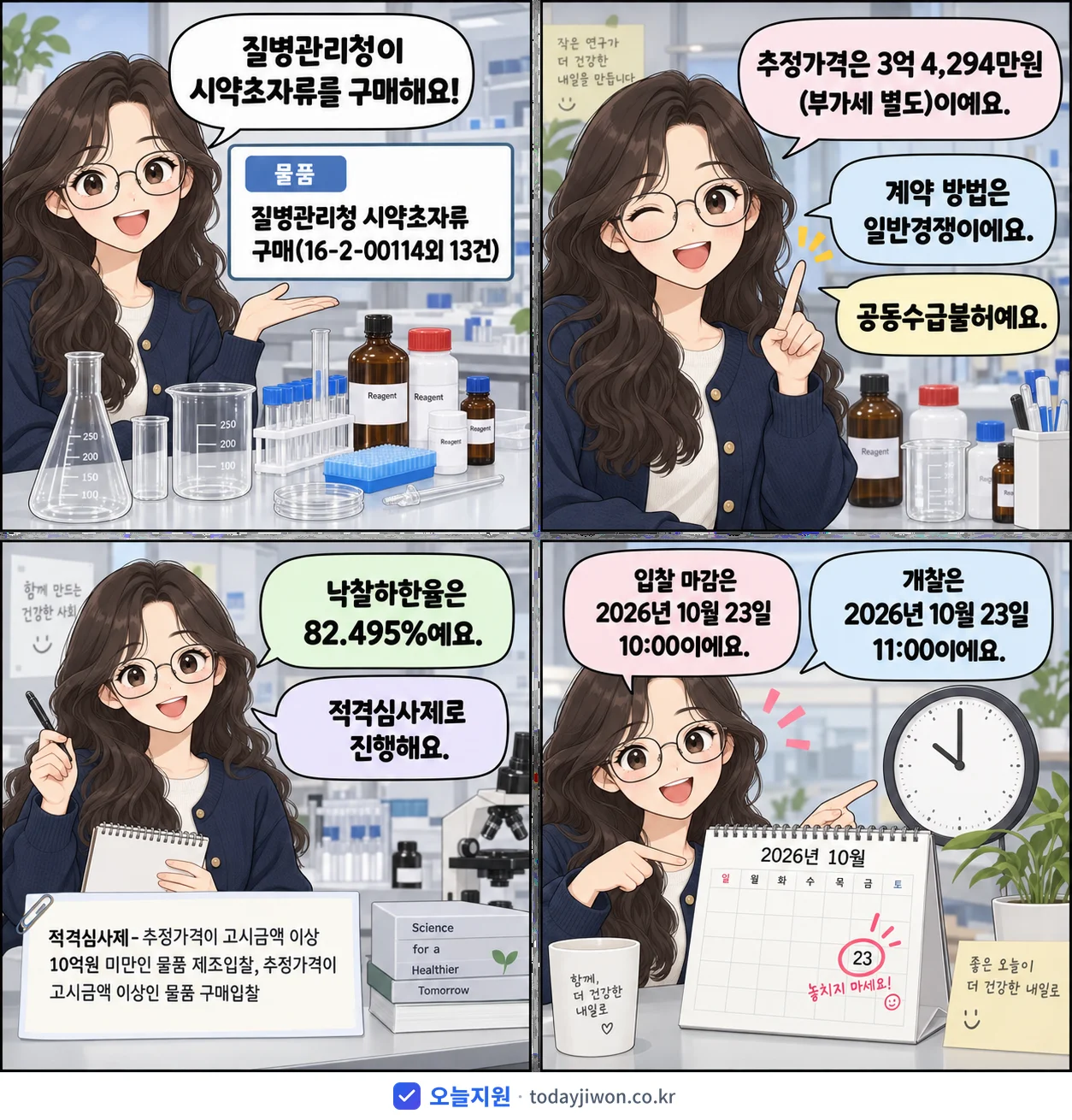 4컷 만화로 보는 공고: 질병관리청 '질병관리청 시약초자류 구매(16-2-00114외 13건)', 추정가격 3억 4,294만원, 입찰 마감 10/23 10:00