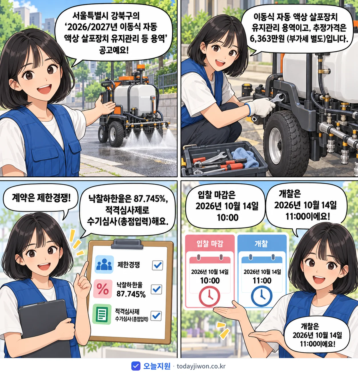 4컷 만화로 보는 공고: 서울특별시 강북구 '/2027년 이동식 자동 액상 살포장치 유지관리 등 용역', 추정가격 6,363만원, 입찰 마감 10/14 10:00