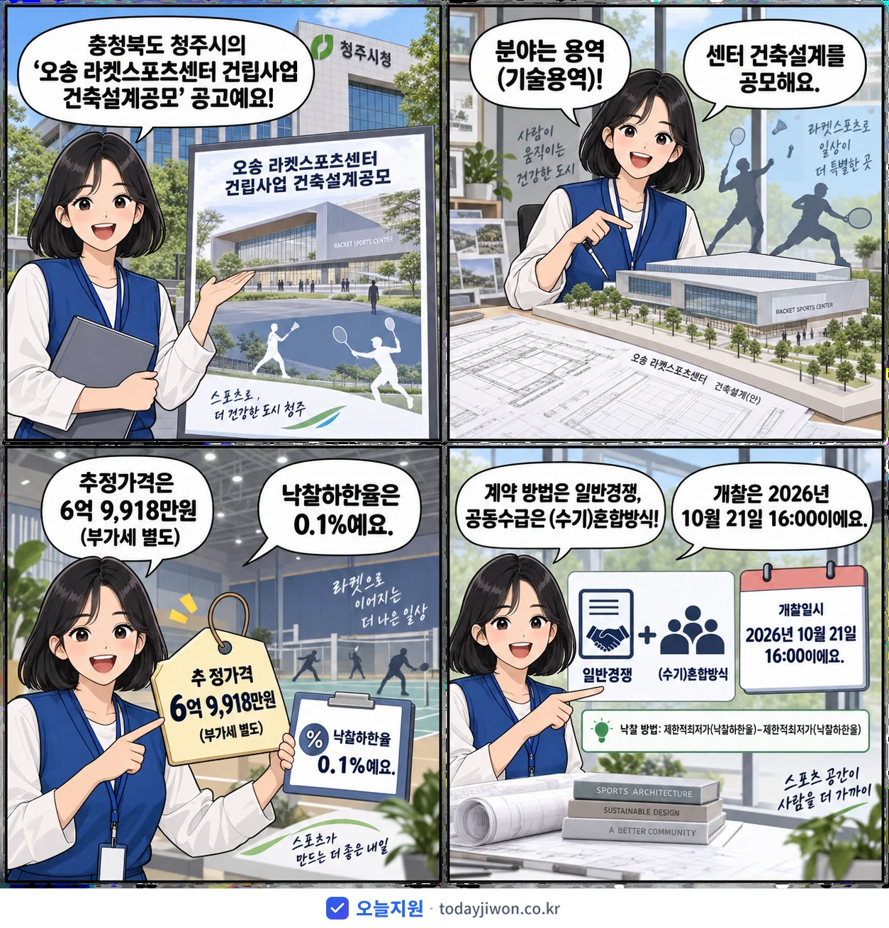 4컷 만화로 보는 공고: 충청북도 청주시 '오송 라켓스포츠센터 건립사업 건축설계공모', 추정가격 6억 9,918만원