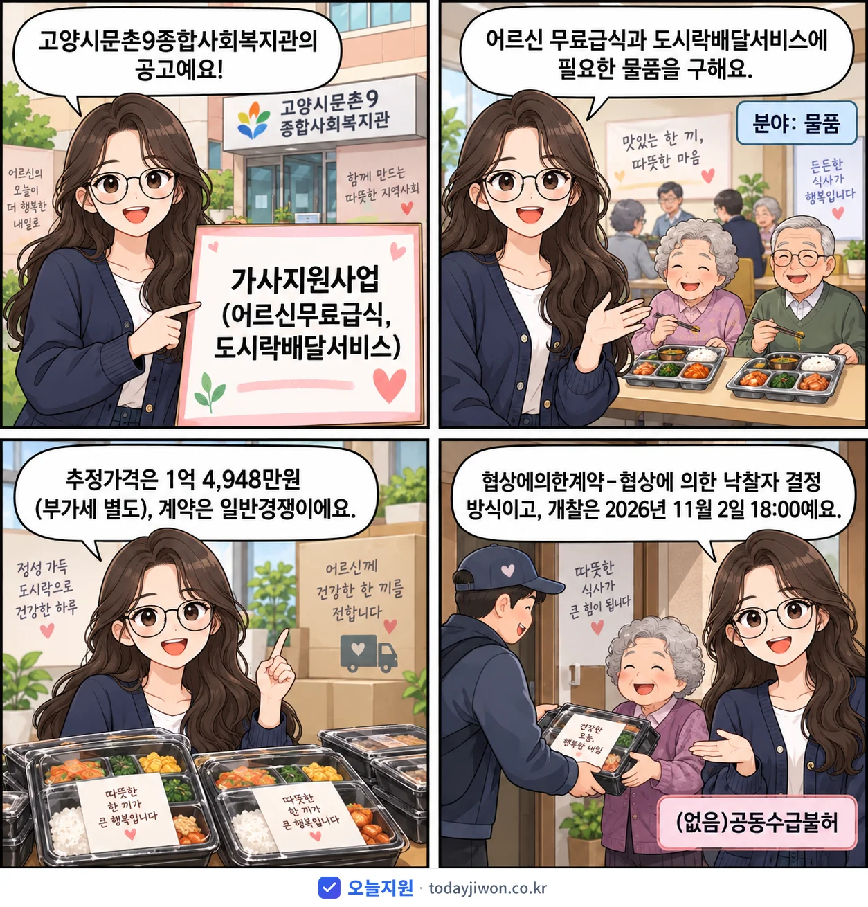 4컷 만화로 보는 공고: 고양시문촌9종합사회복지관 '가사지원사업(어르신무료급식, 도시락배달서비스)', 추정가격 1억 4,948만원