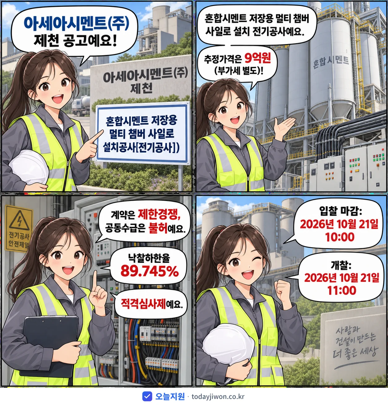 4컷 만화로 보는 공고: 아세아시멘트(주) 제천 '혼합시멘트 저장용 멀티 챔버 사일로 설치공사 )', 추정가격 9억원, 입찰 마감 10/21 10:00