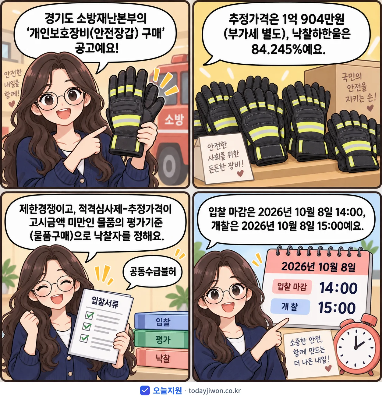 4컷 만화로 보는 공고: 경기도 소방재난본부 '개인보호장비(안전장갑) 구매', 추정가격 1억 904만원, 입찰 마감 10/8 14:00