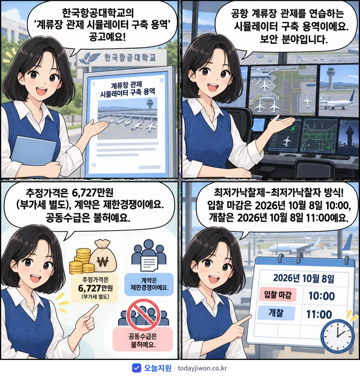 4컷 만화로 보는 공고: 한국항공대학교 '계류장 관제 시뮬레이터 구축 용역', 추정가격 6,727만원, 입찰 마감 10/8 10:00