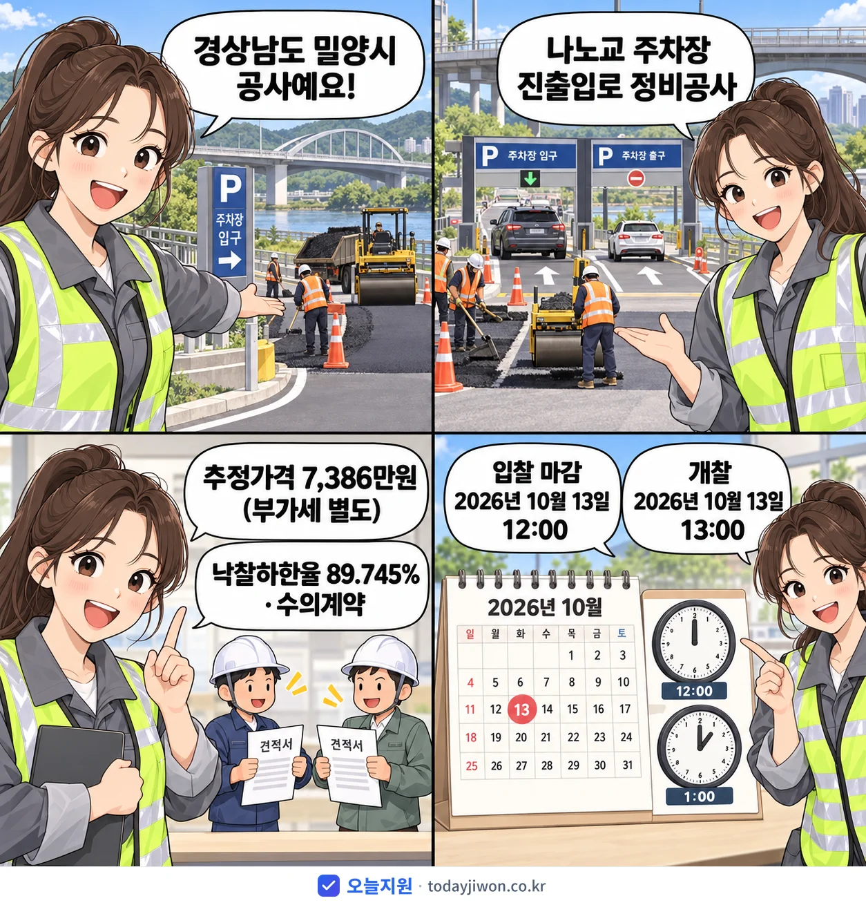 4컷 만화로 보는 공고: 경상남도 밀양시 '나노교 주차장 진출입로 정비공사', 추정가격 7,386만원, 입찰 마감 10/13 12:00
