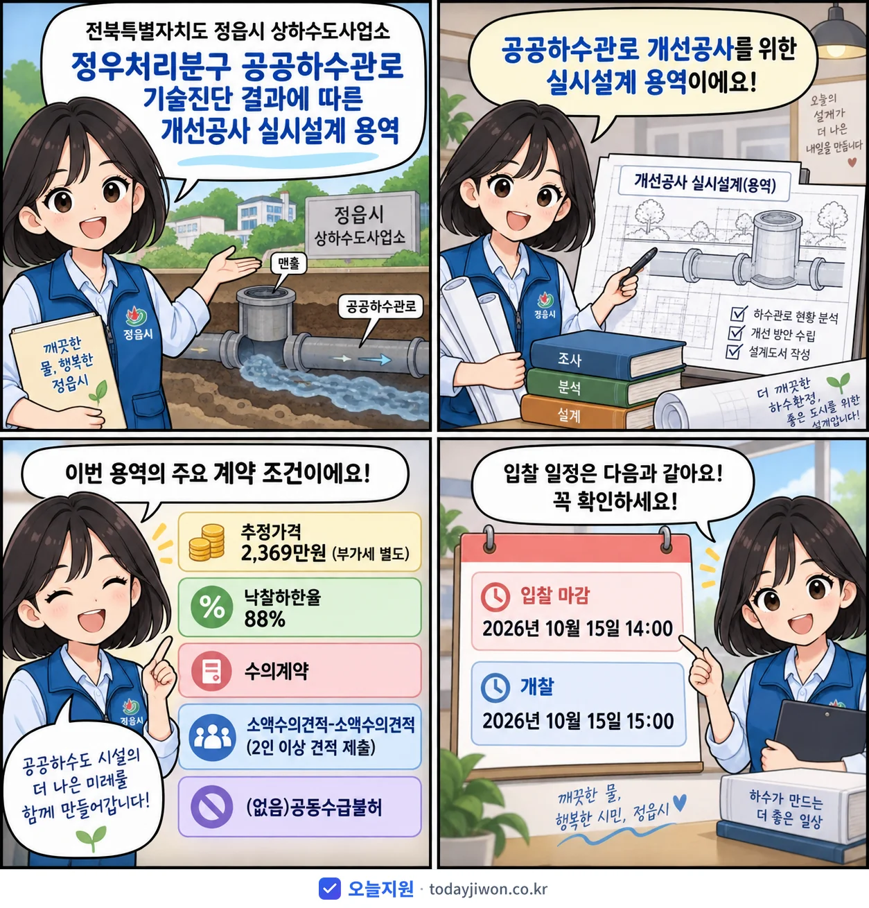 4컷 만화로 보는 공고: 전북특별자치도 정읍시 상하수도사업소 '정우처리분구 공공하수관로 기술진단 결과에 따른 개선공사 실시설계 용역', 추정가격 2,369만원, 입찰 마감 10/15 14:00