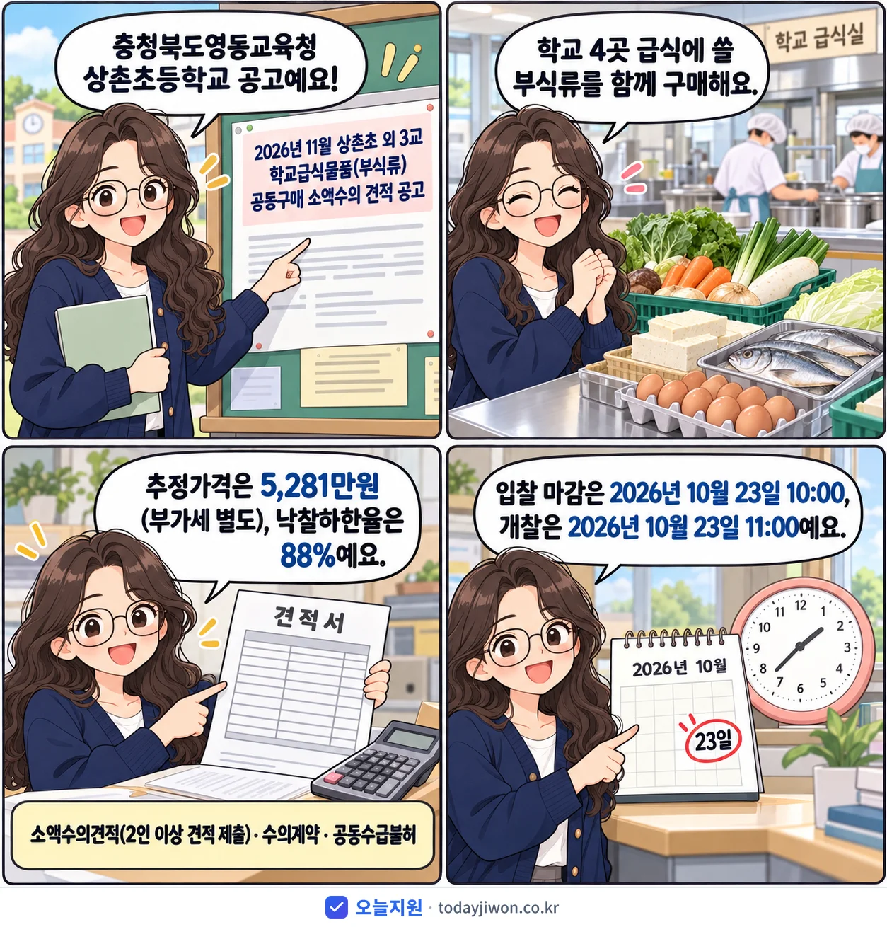 4컷 만화로 보는 공고: 충청북도영동교육청 상촌초등학교 '11월 상촌초 외 3교 학교급식물품(부식류) 공동구매 소액수의 견적 공고', 추정가격 5,281만원, 입찰 마감 10/23 10:00