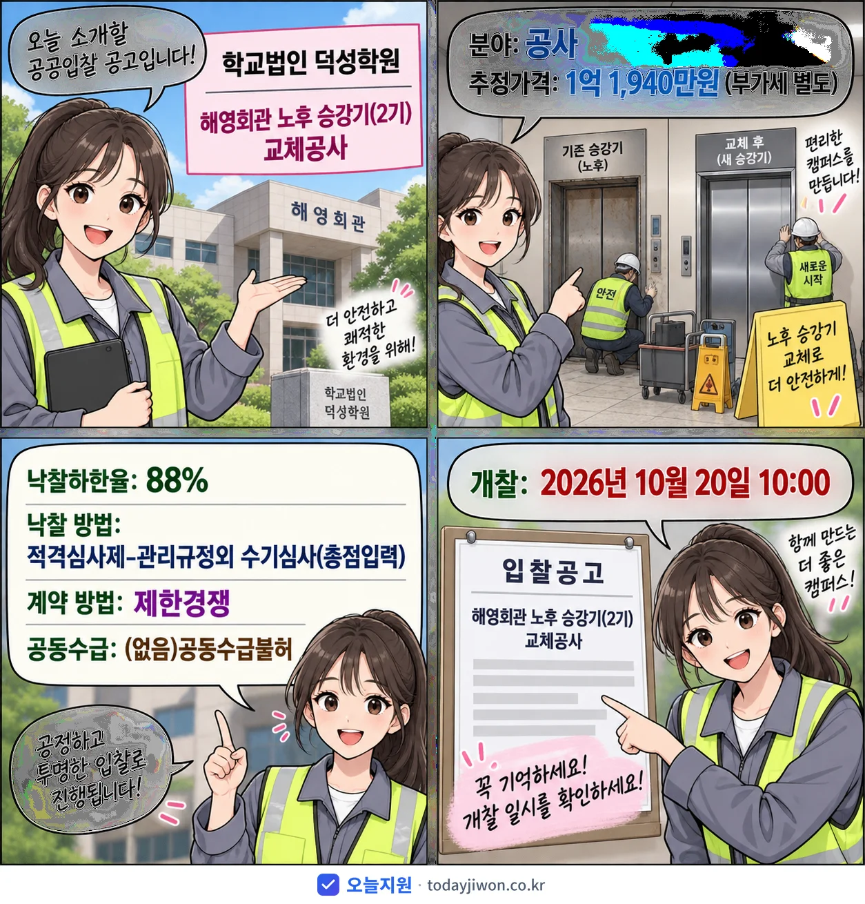 4컷 만화로 보는 공고: 학교법인 덕성학원 '해영회관 노후 승강기(2기) 교체공사', 추정가격 1억 1,940만원