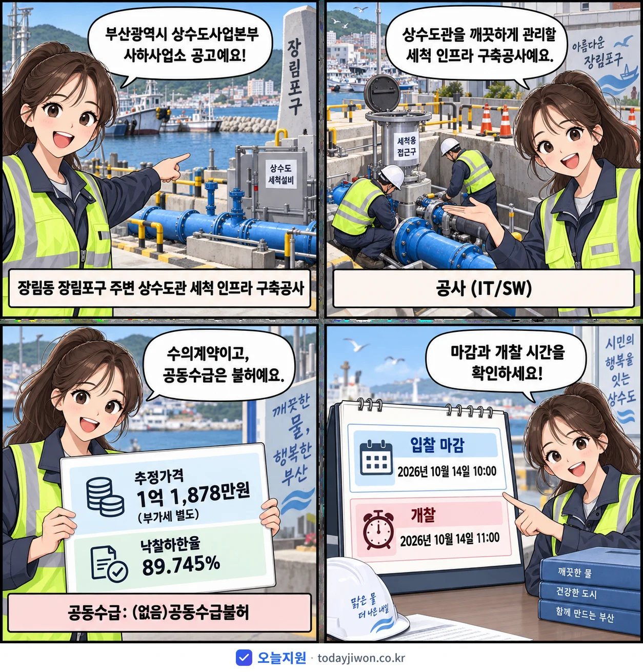 4컷 만화로 보는 공고: 부산광역시 상수도사업본부 사하사업소 '장림동 장림포구 주변 상수도관 세척 인프라 구축공사', 추정가격 1억 1,878만원, 입찰 마감 10/14 10:00