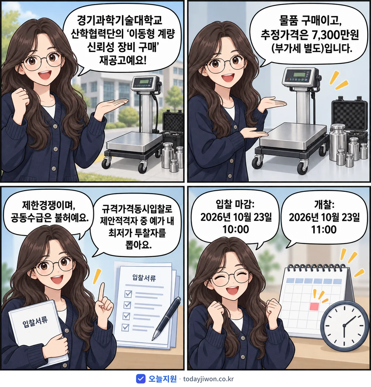 4컷 만화로 보는 공고: 경기과학기술대학교 산학협력단 '이동형 계량 신뢰성 장비 구매', 추정가격 7,300만원, 입찰 마감 10/23 10:00