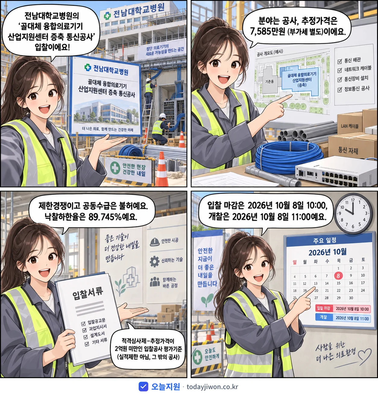 4컷 만화로 보는 공고: 전남대학교병원 '골대체 융합의료기기 산업지원센터 증축 통신공사', 추정가격 7,585만원, 입찰 마감 10/8 10:00
