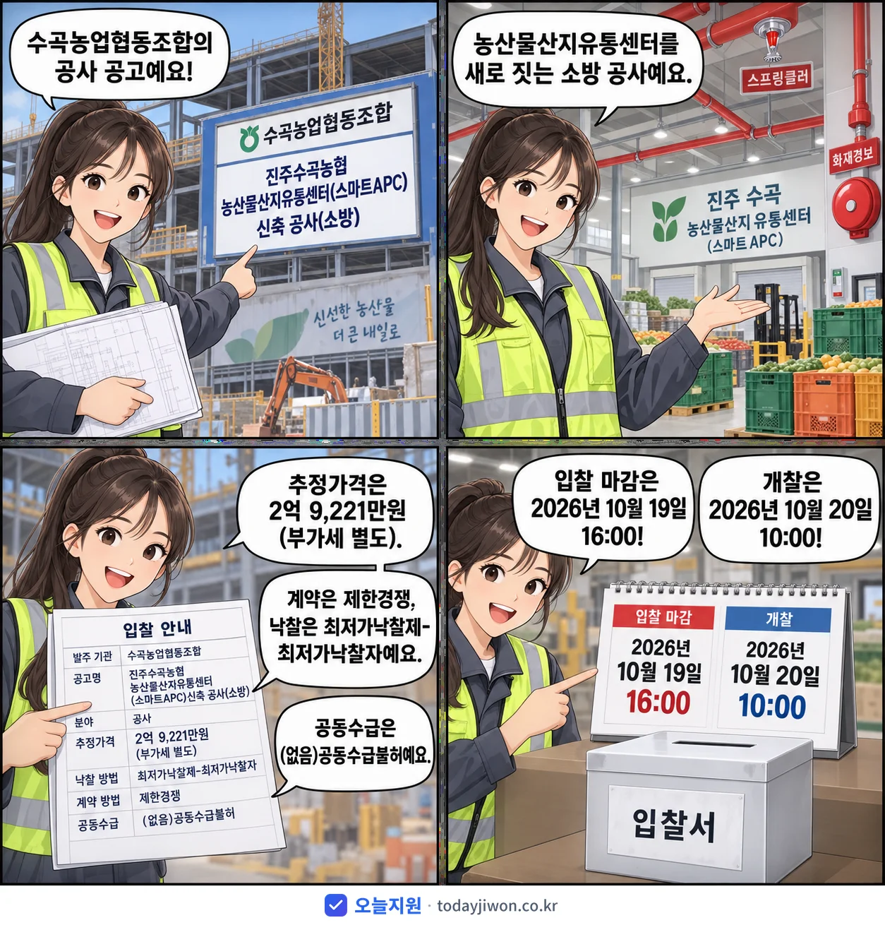 4컷 만화로 보는 공고: 수곡농업협동조합 '진주수곡농협 농산물산지유통센터(스마트APC)신축 공사(소방)', 추정가격 2억 9,221만원, 입찰 마감 10/19 16:00