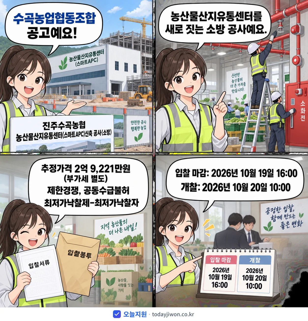 4컷 만화로 보는 공고: 수곡농업협동조합 '진주수곡농협 농산물산지유통센터(스마트APC)신축 공사(소방)', 추정가격 2억 9,221만원, 입찰 마감 10/19 16:00