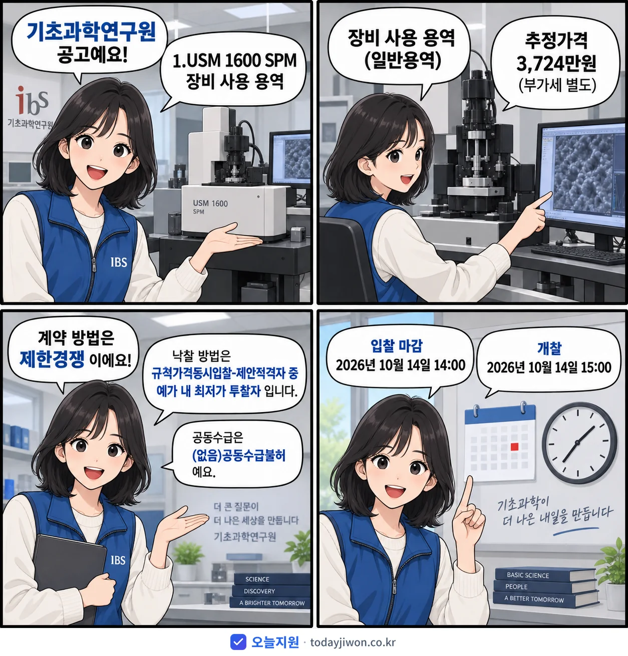 4컷 만화로 보는 공고: 기초과학연구원 '1.USM 1600 SPM 장비 사용 용역', 추정가격 3,724만원, 입찰 마감 10/14 14:00
