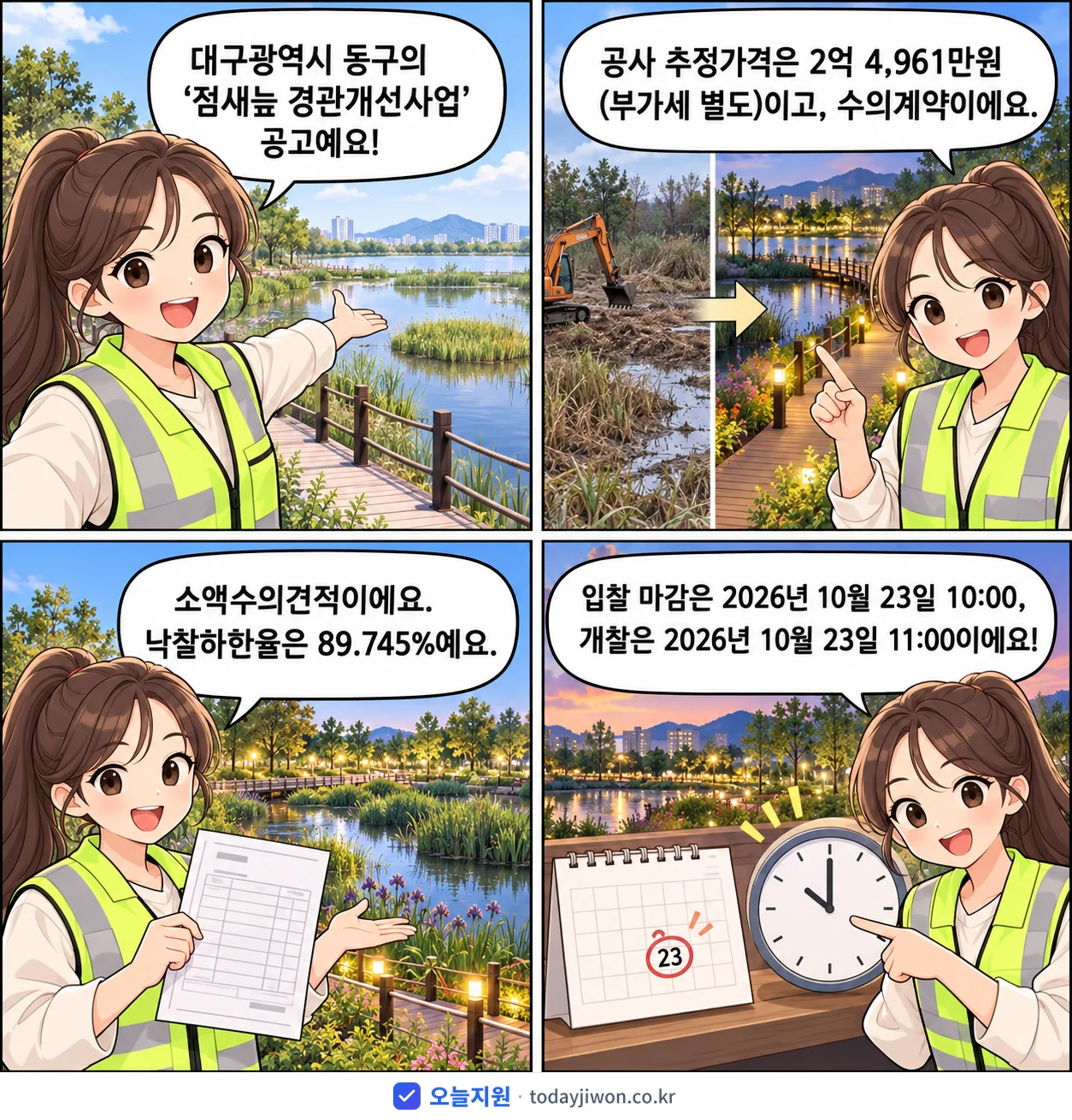 4컷 만화로 보는 공고: 대구광역시 동구 '점새늪 경관개선사업', 추정가격 2억 4,961만원, 입찰 마감 10/23 10:00