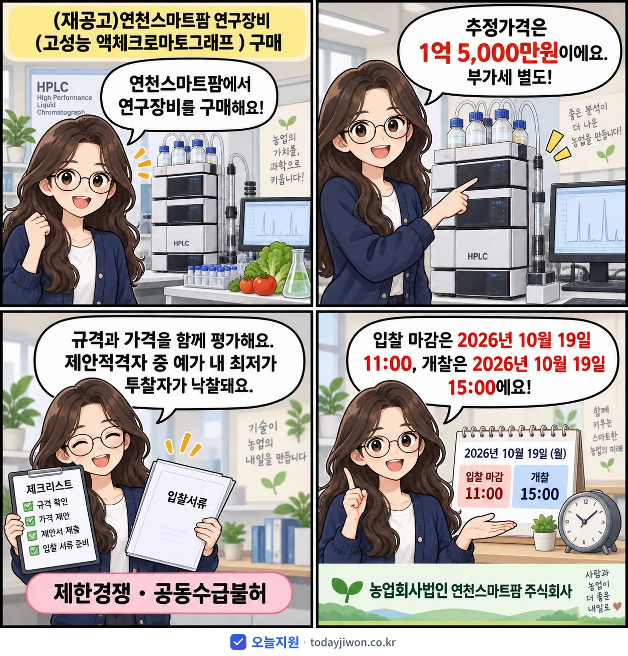 4컷 만화로 보는 공고: 농업회사법인 연천스마트팜 주식회사 '연천스마트팜 연구장비 (고성능 액체크로마토그래프 ) 구매', 추정가격 1억 5,000만원, 입찰 마감 10/19 11:00