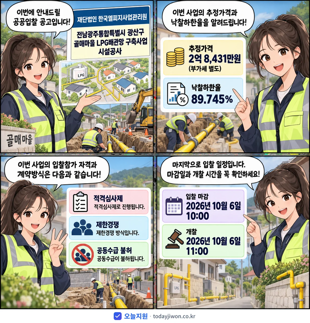 4컷 만화로 보는 공고: 재단법인 한국엘피지사업관리원 '전남광주통합특별시 광산구 골매마을 LPG배관망 구축사업 시설공사', 추정가격 2억 8,431만원, 입찰 마감 10/6 10:00