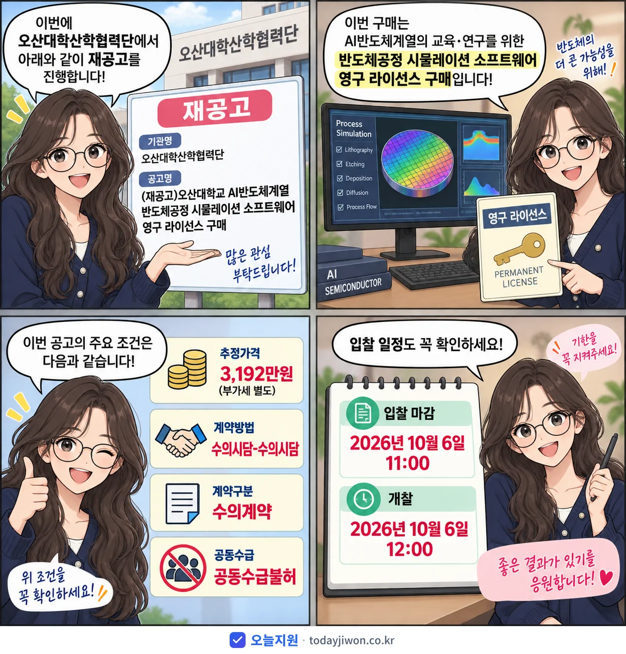 4컷 만화로 보는 공고: 오산대학산학협력단 '오산대학교 AI반도체계열 반도체공정 시뮬레이션 소프트웨어 영구 라이선스…', 추정가격 3,192만원, 입찰 마감 10/6 11:00