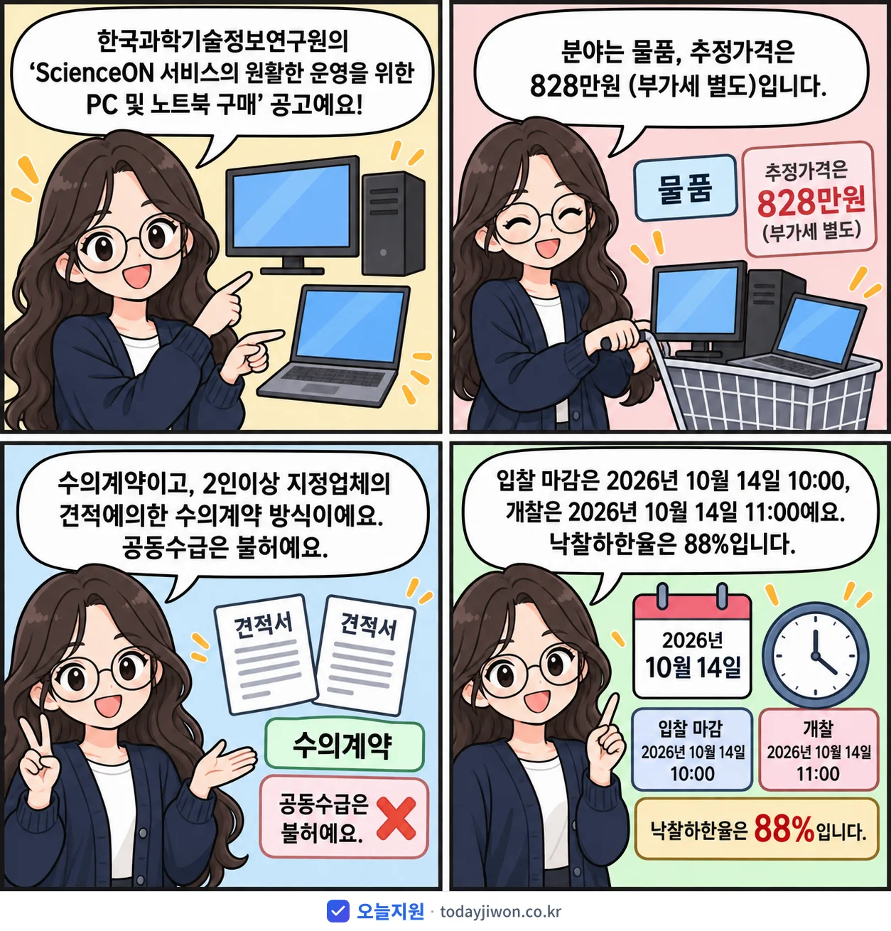 4컷 만화로 보는 공고: 한국과학기술정보연구원 'ScienceON 서비스의 원활한 운영을 위한 PC 및 노트북 구매', 추정가격 828만원, 입찰 마감 10/14 10:00