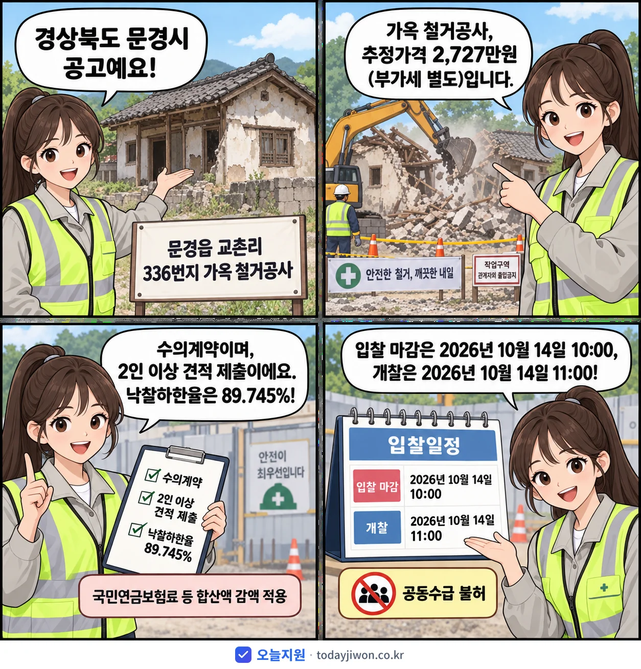 4컷 만화로 보는 공고: 경상북도 문경시 '문경읍 교촌리 336번지 가옥 철거공사', 추정가격 2,727만원, 입찰 마감 10/14 10:00