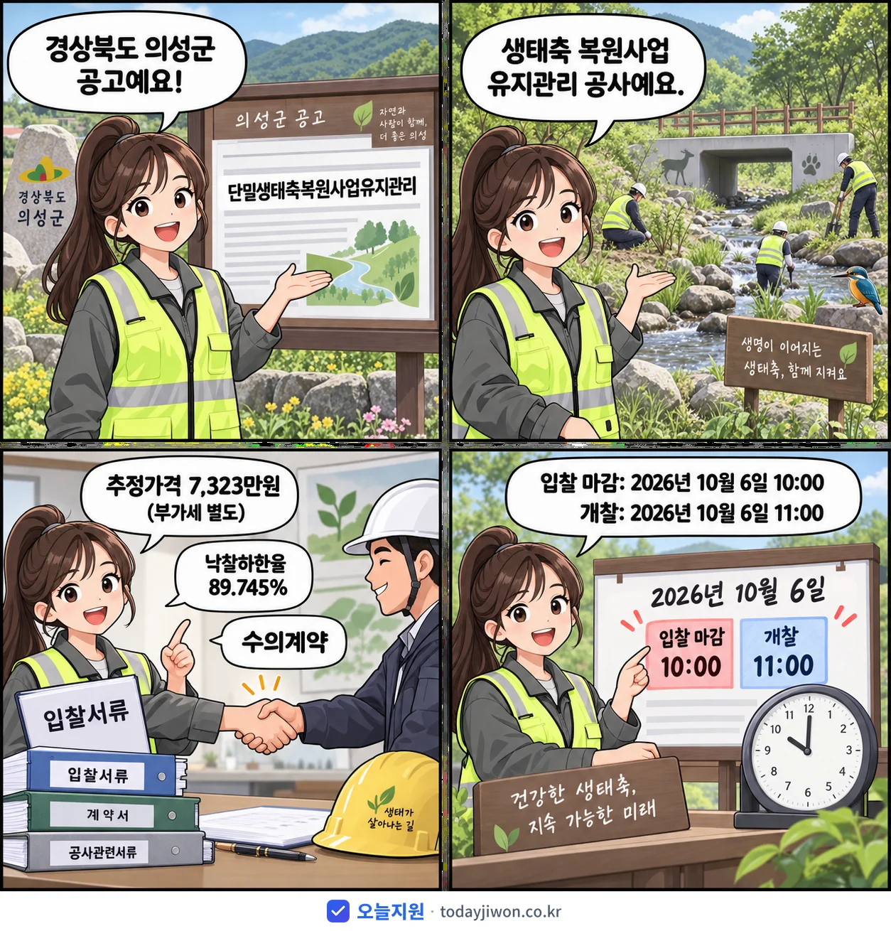 4컷 만화로 보는 공고: 경상북도 의성군 '단밀생태축복원사업유지관리', 추정가격 7,323만원, 입찰 마감 10/6 10:00