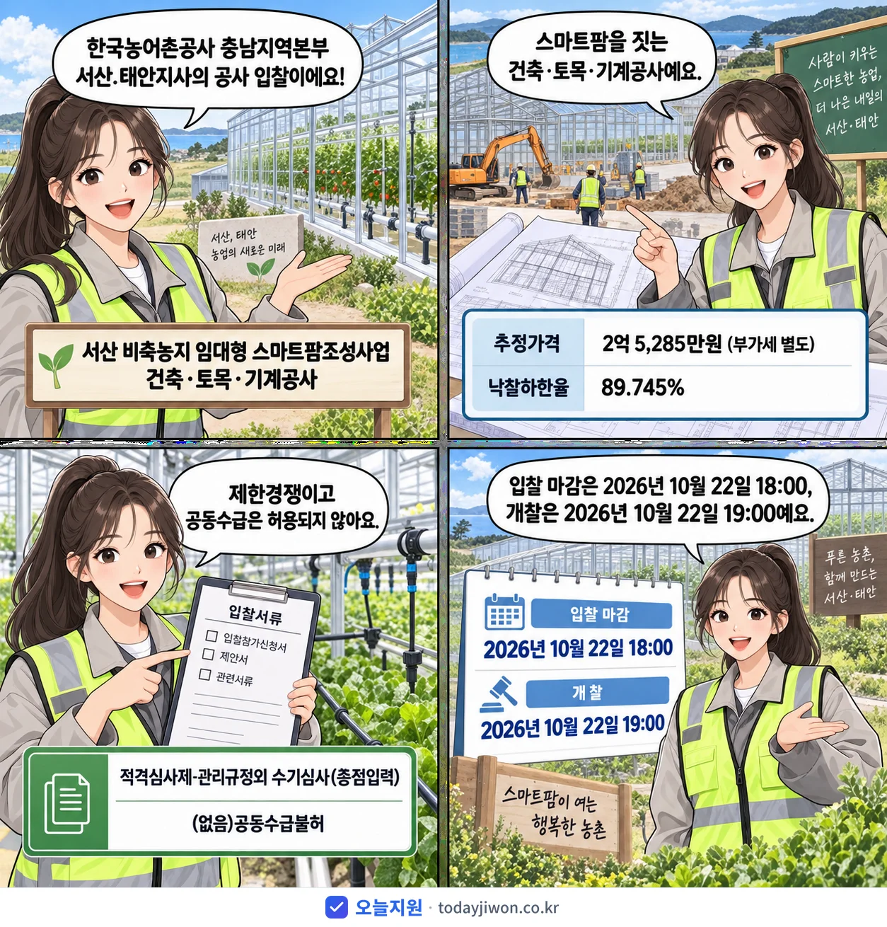4컷 만화로 보는 공고: 한국농어촌공사 충남지역본부 서산.태안지사 '서산 비축농지 임대형 스마트팜조성사업 건축·토목·기계공사', 추정가격 2억 5,285만원, 입찰 마감 10/22 18:00