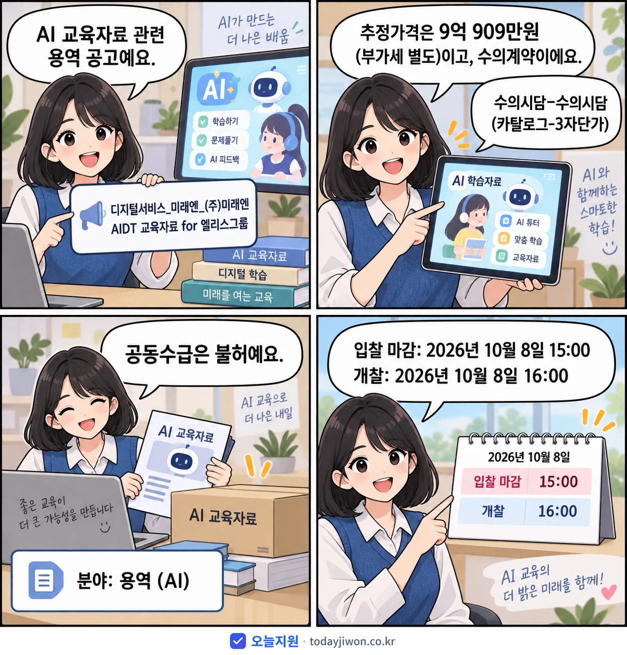 4컷 만화로 보는 공고: '디지털서비스_미래엔_(주)미래엔 AIDT 교육자료 for 엘리스그룹', 추정가격 9억 909만원, 입찰 마감 10/8 15:00