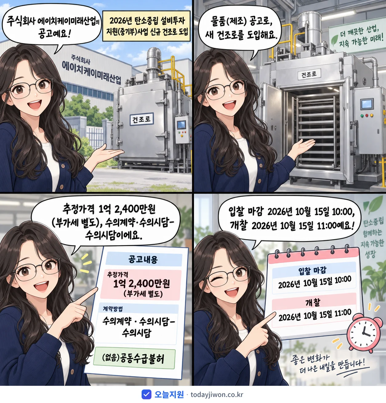 4컷 만화로 보는 공고: 주식회사 에이치케이미래산업 '탄소중립 설비투자 지원(중기부)사업 신규 건조로 도입', 추정가격 1억 2,400만원, 입찰 마감 10/15 10:00