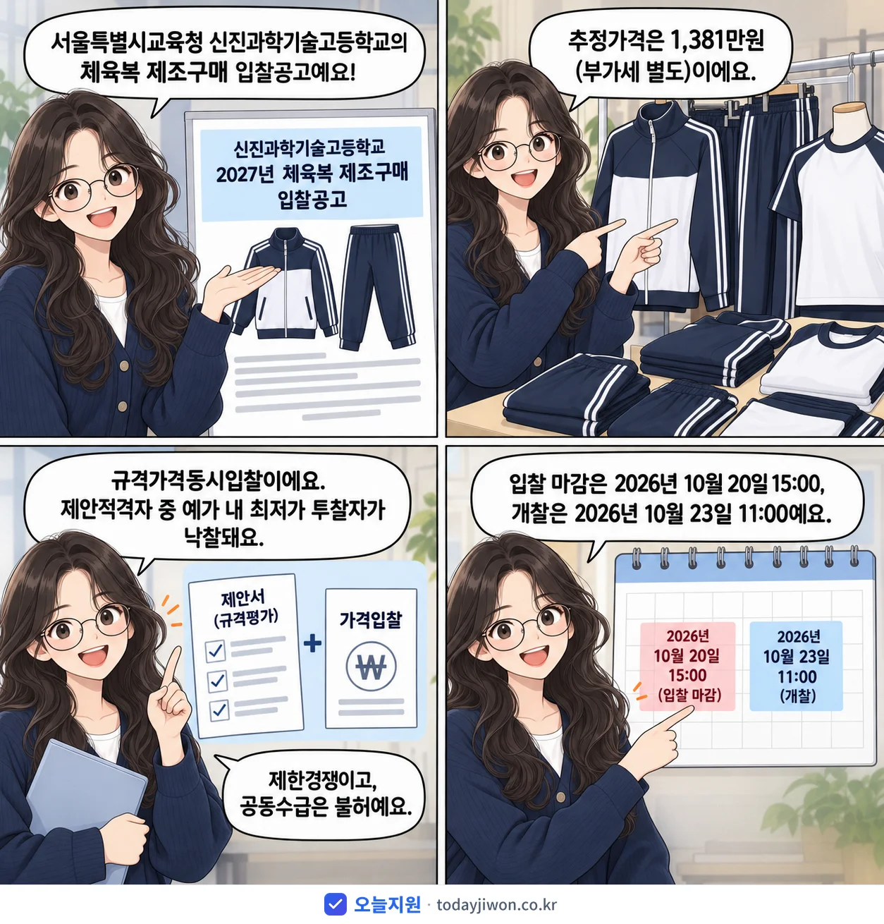 4컷 만화로 보는 공고: 서울특별시교육청 신진과학기술고등학교 '신진과학기술고등학교 2027년 체육복 제조구매 입찰공고', 추정가격 1,381만원, 입찰 마감 10/20 15:00