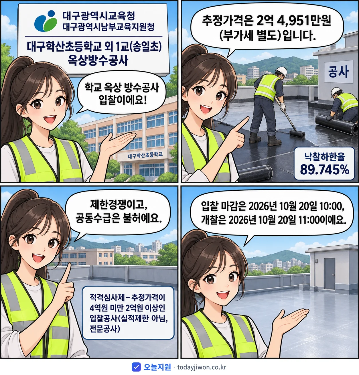 4컷 만화로 보는 공고: 대구광역시교육청 대구광역시남부교육지원청 '대구학산초등학교 외 1교(송일초) 옥상방수공사', 추정가격 2억 4,951만원, 입찰 마감 10/20 10:00