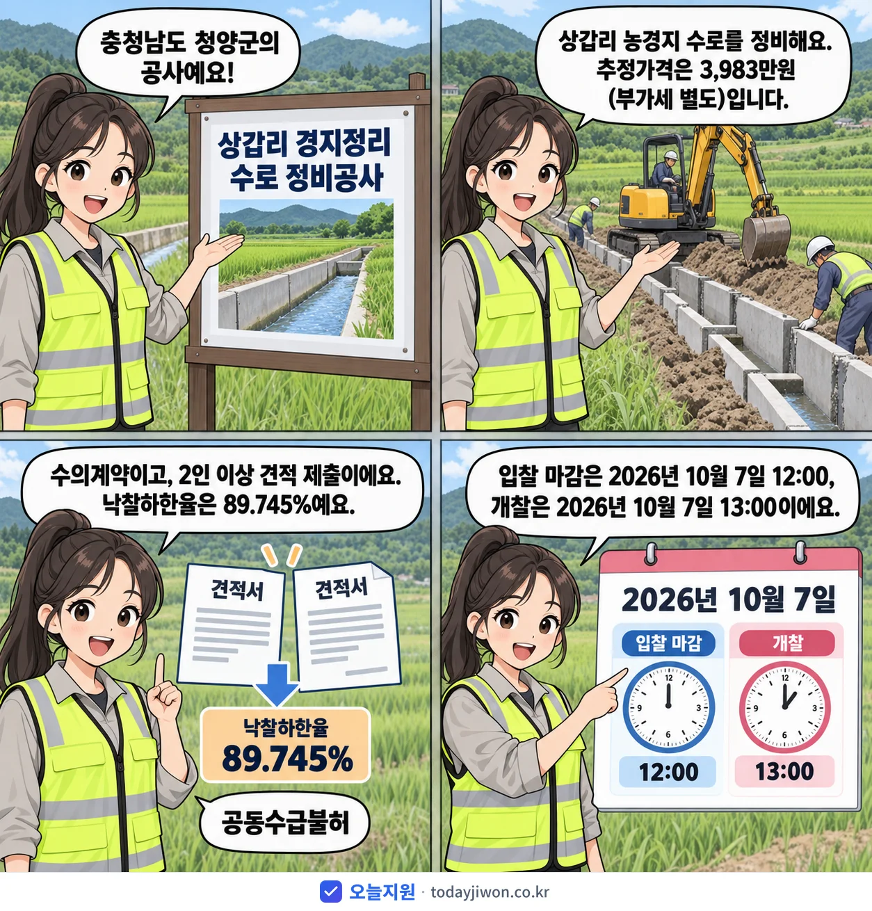 4컷 만화로 보는 공고: 충청남도 청양군 '상갑리 경지정리 수로 정비공사', 추정가격 3,983만원, 입찰 마감 10/7 12:00