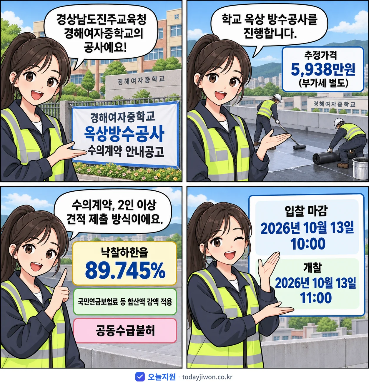4컷 만화로 보는 공고: 경상남도진주교육청 경해여자중학교 '경해여자중학교 옥상방수공사 수의계약 안내공고', 추정가격 5,938만원, 입찰 마감 10/13 10:00