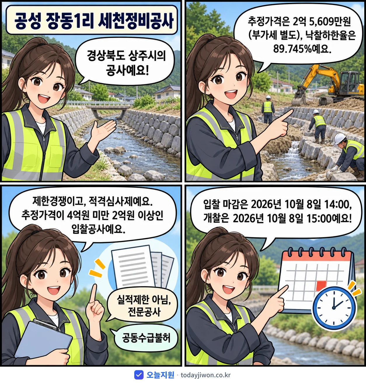 4컷 만화로 보는 공고: 경상북도 상주시 '공성 장동1리 세천정비공사', 추정가격 2억 5,609만원, 입찰 마감 10/8 14:00