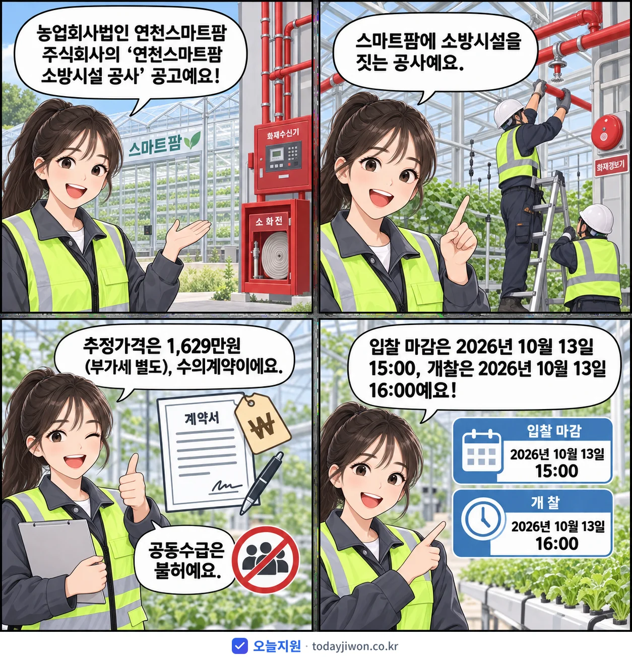 4컷 만화로 보는 공고: 농업회사법인 연천스마트팜 주식회사 '연천스마트팜 소방시설 공사', 추정가격 1,629만원, 입찰 마감 10/13 15:00
