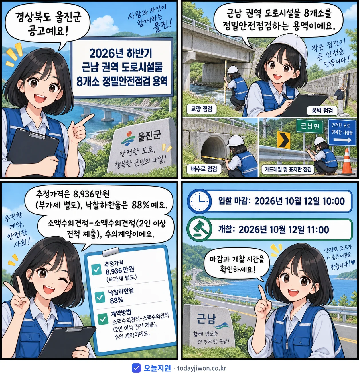 4컷 만화로 보는 공고: 경상북도 울진군 '하반기 근남 권역 도로시설물 8개소 정밀안전점검 용역', 추정가격 8,936만원, 입찰 마감 10/12 10:00