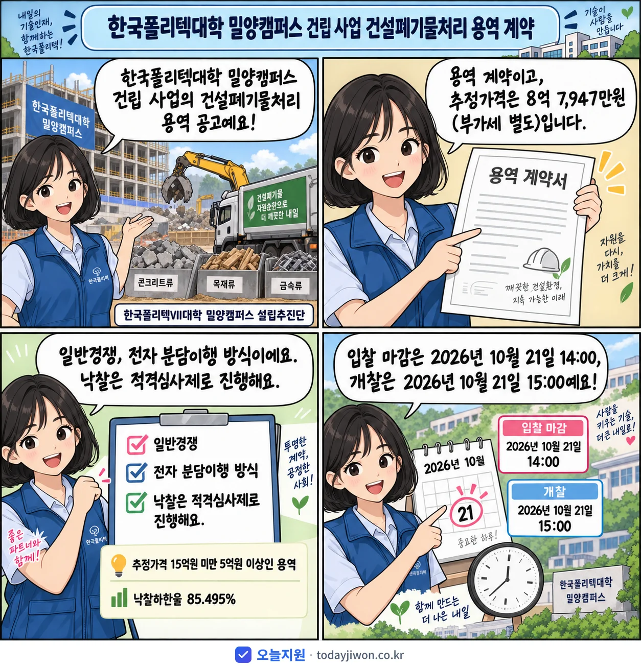 4컷 만화로 보는 공고: 한국폴리텍VII대학 밀양캠퍼스 설립추진단 '한국폴리텍대학 밀양캠퍼스 건립 사업 건설폐기물처리 용역 계약', 추정가격 8억 7,947만원, 입찰 마감 10/21 14:00