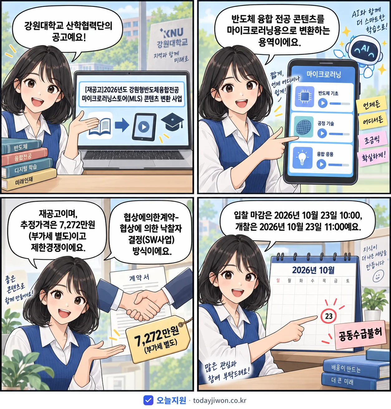 4컷 만화로 보는 공고: 강원대학교 산학협력단 '강원형반도체융합전공 마이크로러닝스토어(MLS) 콘텐츠 변환 사업', 추정가격 7,272만원, 입찰 마감 10/23 10:00