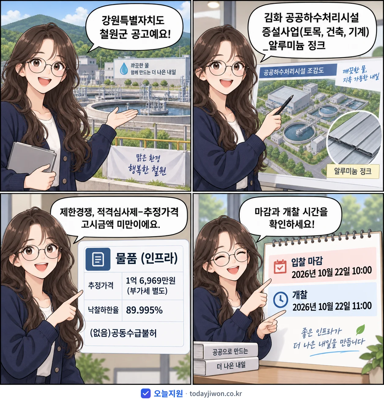 4컷 만화로 보는 공고: 강원특별자치도 철원군 '김화 공공하수처리시설 증설사업(토목, 건축, 기계) _알루미늄 징크', 추정가격 1억 6,969만원, 입찰 마감 10/22 10:00