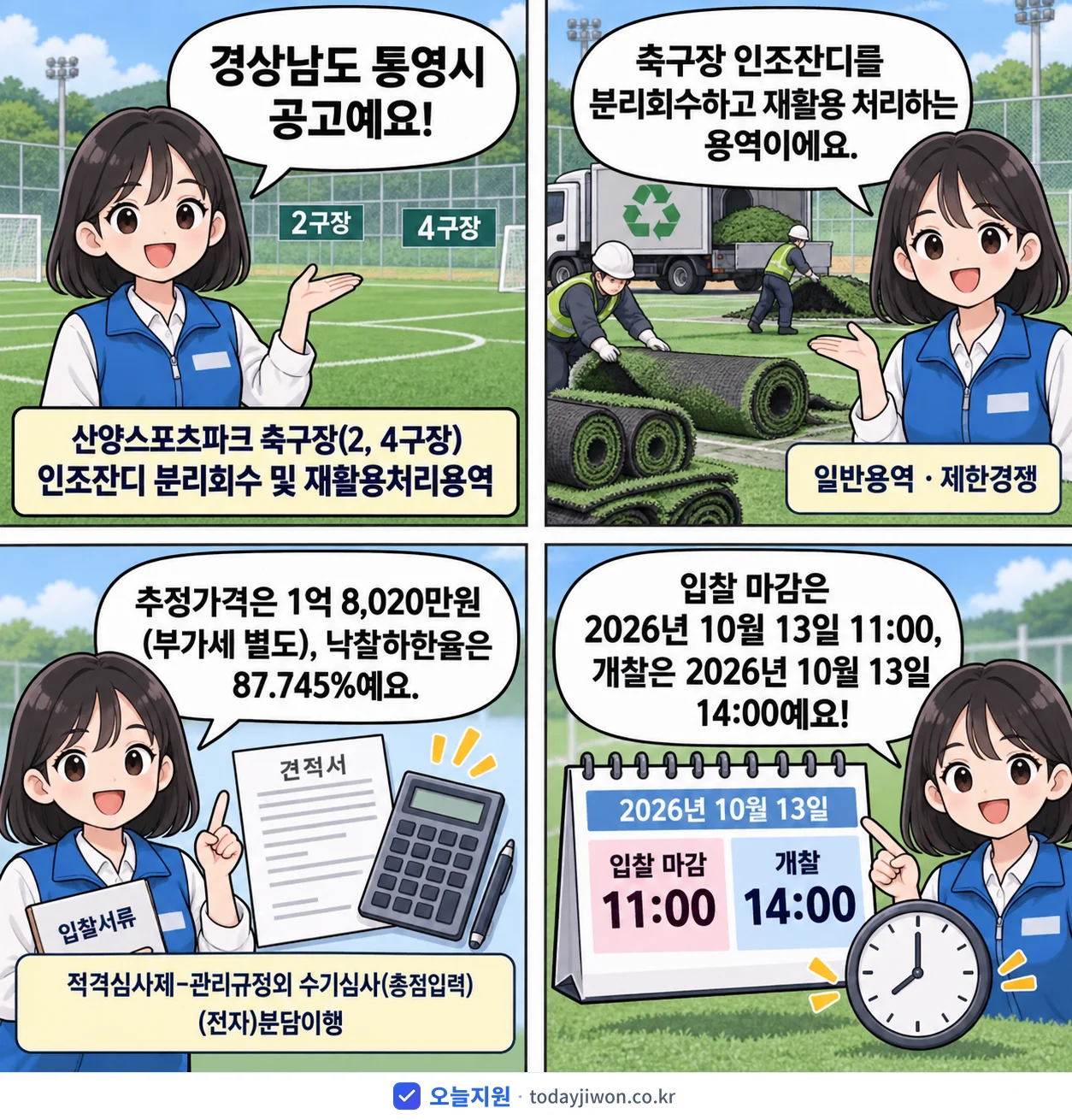 4컷 만화로 보는 공고: 경상남도 통영시 '산양스포츠파크 축구장(2, 4구장) 인조잔디 분리회수 및 재활용처리용역', 추정가격 1억 8,020만원, 입찰 마감 10/13 11:00