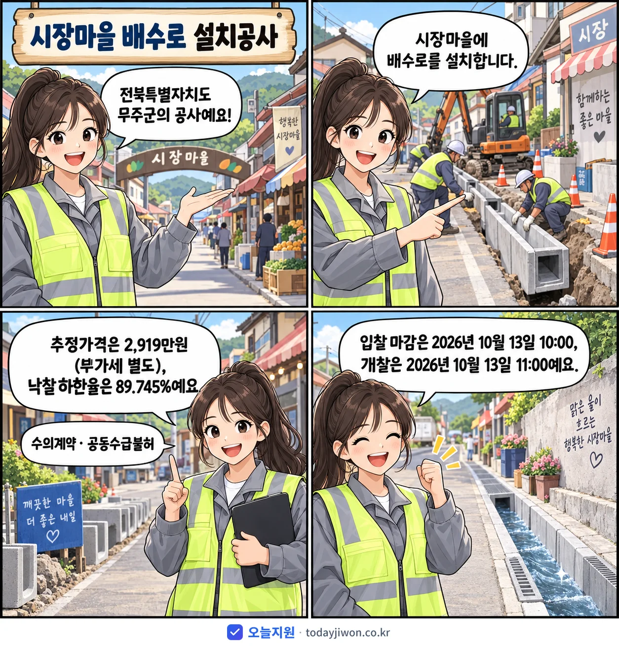 4컷 만화로 보는 공고: 전북특별자치도 무주군 '시장마을 배수로 설치공사', 추정가격 2,919만원, 입찰 마감 10/13 10:00