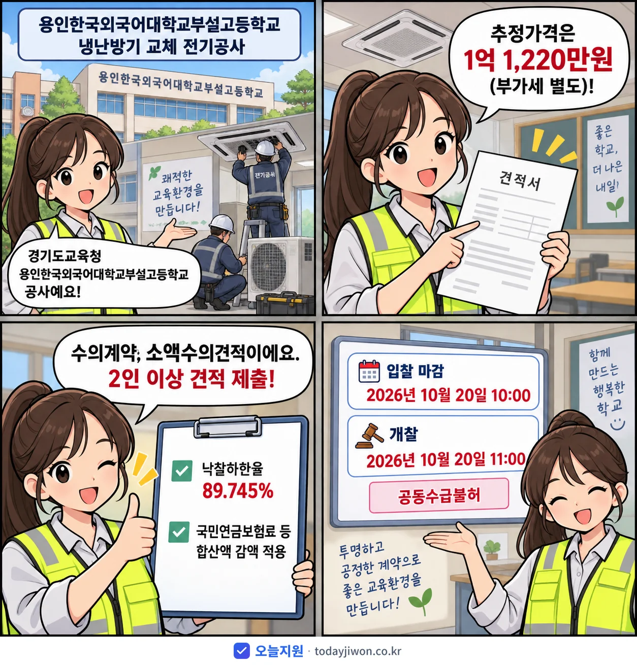 4컷 만화로 보는 공고: 경기도교육청 용인한국외국어대학교부설고등학교 '용인한국외국어대학교부설고등학교 냉난방기 교체 전기공사', 추정가격 1억 1,220만원, 입찰 마감 10/20 10:00