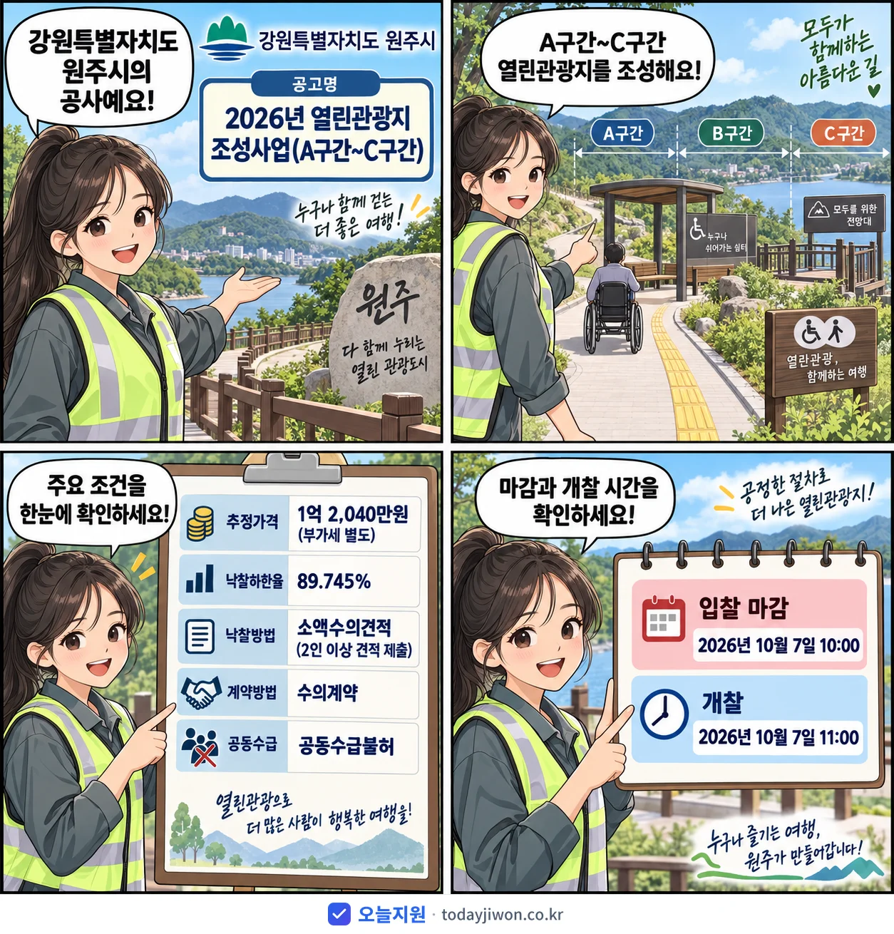 4컷 만화로 보는 공고: 강원특별자치도 원주시 '열린관광지 조성사업(A구간~C구간)', 추정가격 1억 2,040만원, 입찰 마감 10/7 10:00