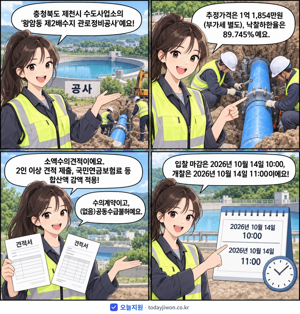 4컷 만화로 보는 공고: 충청북도 제천시 수도사업소 '왕암동 제2배수지 관로정비공사', 추정가격 1억 1,854만원, 입찰 마감 10/14 10:00