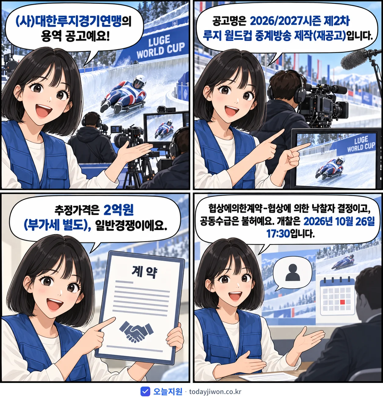 4컷 만화로 보는 공고: (사)대한루지경기연맹 '/2027시즌 제2차 루지 월드컵 중계방송 제작', 추정가격 2억원