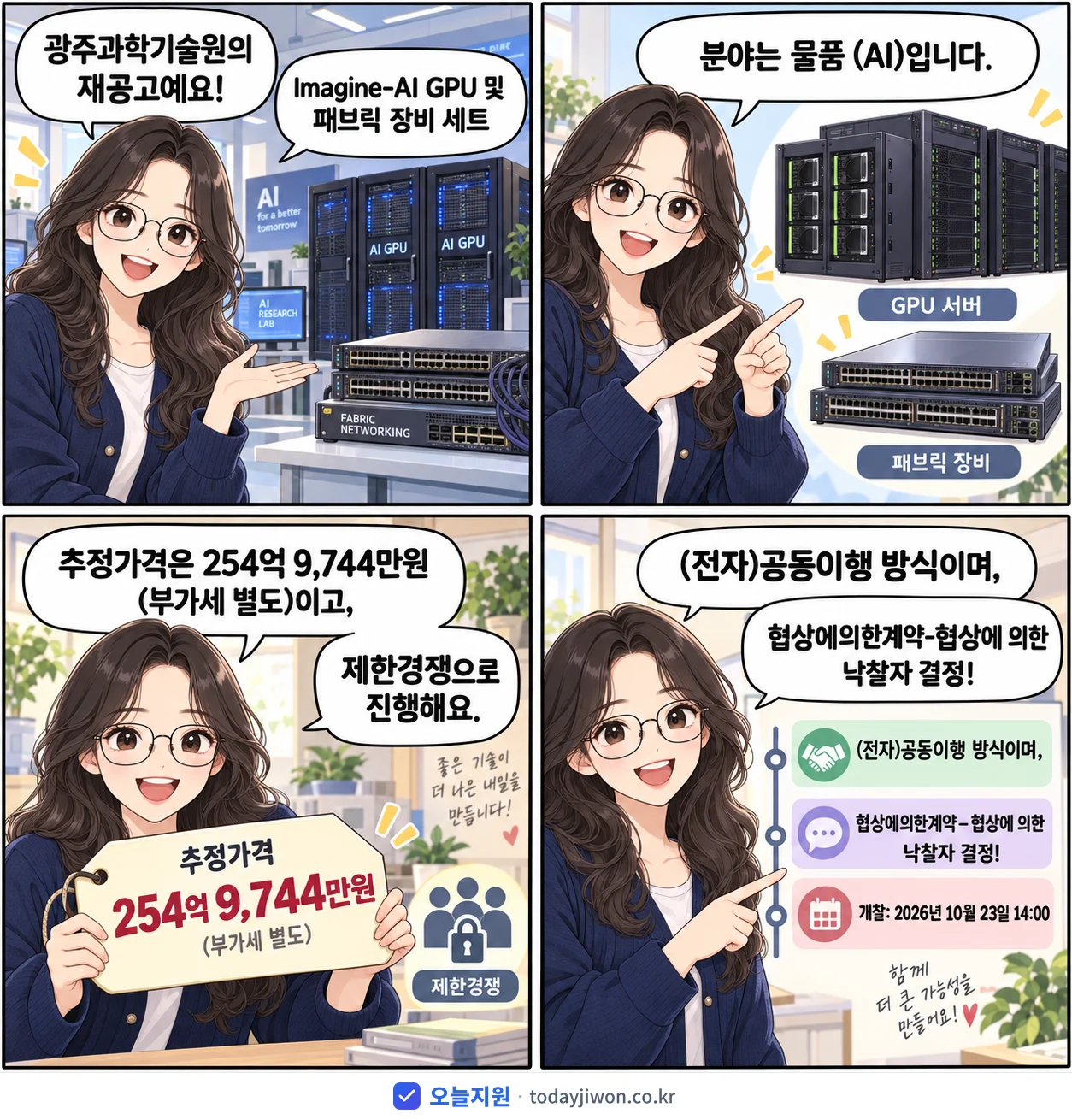 4컷 만화로 보는 공고: 광주과학기술원 'Imagine-AI GPU 및 패브릭 장비 세트', 추정가격 254억 9,744만원