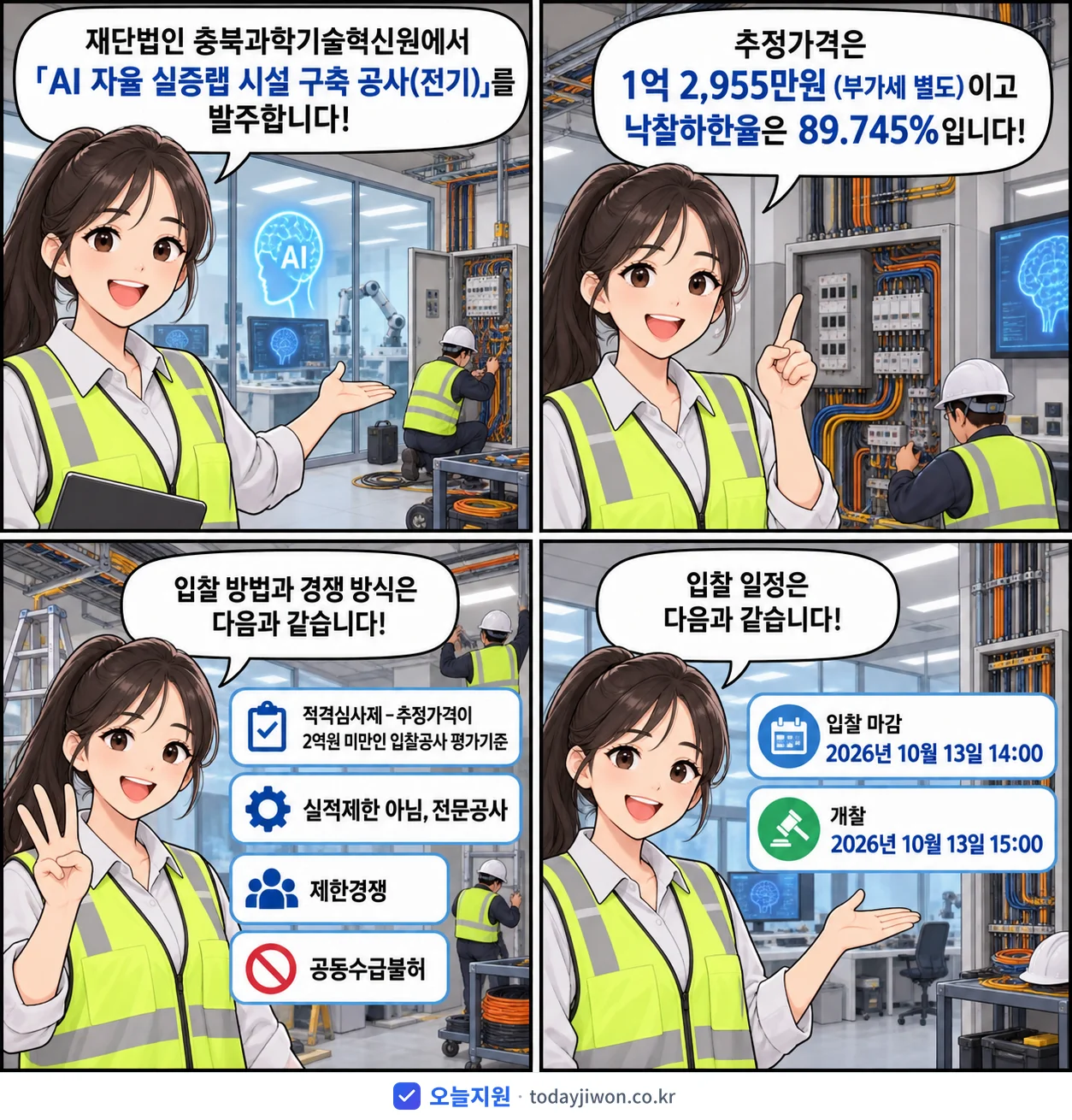 4컷 만화로 보는 공고: 재단법인 충북과학기술혁신원 'AI 자율 실증랩 시설 구축 공사(전기)', 추정가격 1억 2,955만원, 입찰 마감 10/13 14:00